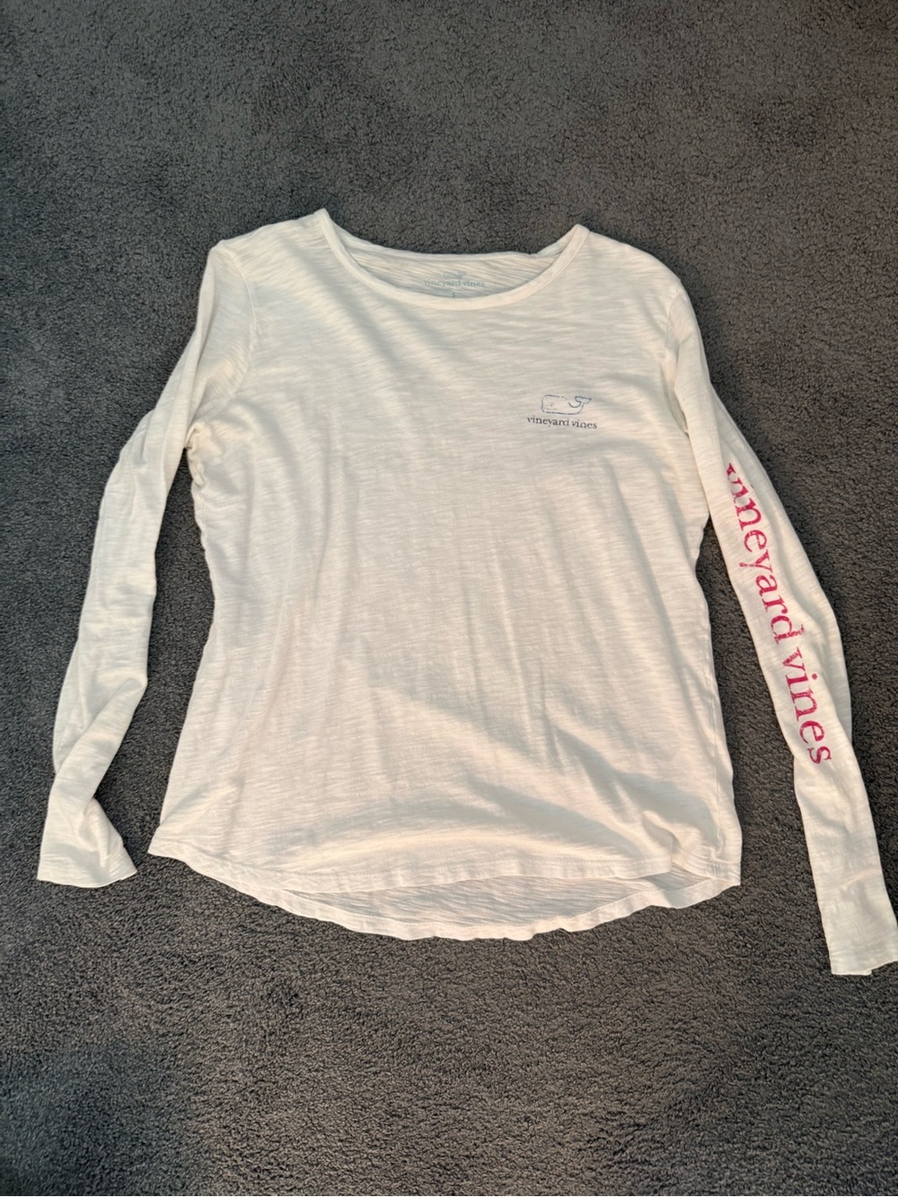 Vineyard Vines Cream Long Sleeve Tee with Pink Sleeve Text size small